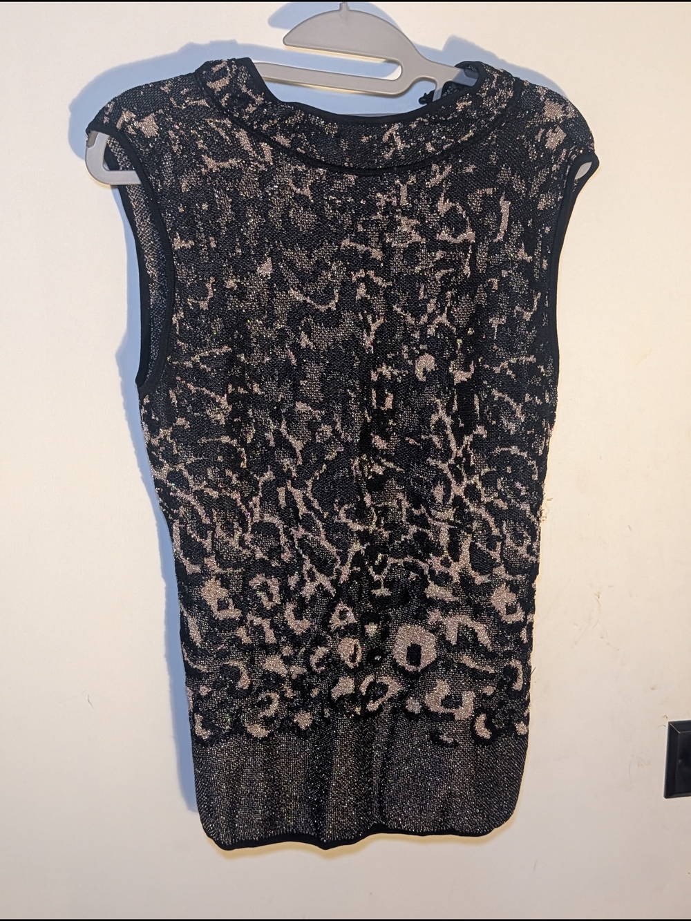 White House Black Market Black and Taupe Metallic Knit Animal Print Tank
